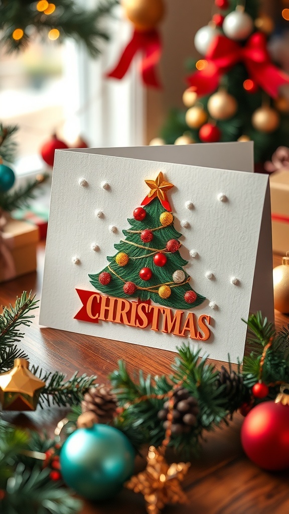 A homemade Christmas card with a Christmas tree design on a wooden table with holiday decorations.